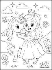 Cute Princess Hugging Unicorn Coloring Page for Kids. Cute Fairy Tale Printable for Children. Kawaii Cartoon Line Art. Fantasy Coloring Sheet for Girls
