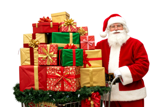 Jolly Santa Claus wearing glasses stands beside a tall stack of festive Christmas gifts in a decorated shopping cart, smiling brightly - Powered by Adobe