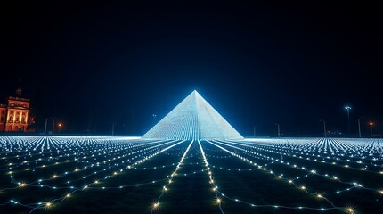 Illuminated pyramid structure with glowing blue lights at night