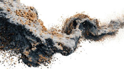 Abstract flowing voxel particles forming a digital wave with dynamic dispersion on transparent background