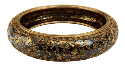 Ornate gold and black bangle bracelet with rococo design pattern, luxurious vintage accessory, transparent background