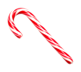 Classic red and white striped candy cane, shiny and sweet, curves gracefully in a festive 'J' shape, captured with bright, even lighting