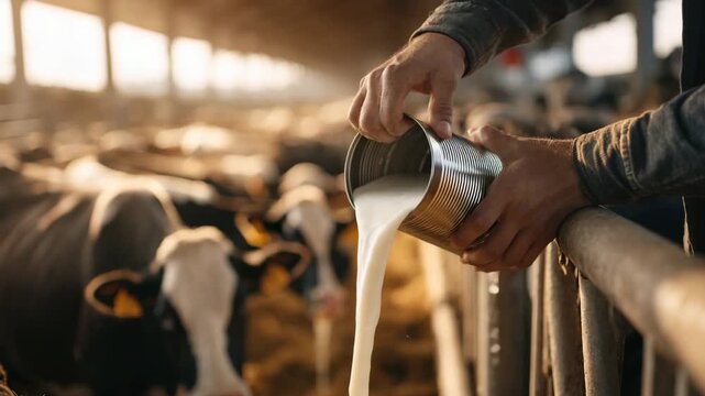 Generative AI. Dairy farmer pouring fresh milk from a metal can into a trough, surrounded by cows in a barn, showcasing the agricultural process and connection to livestock