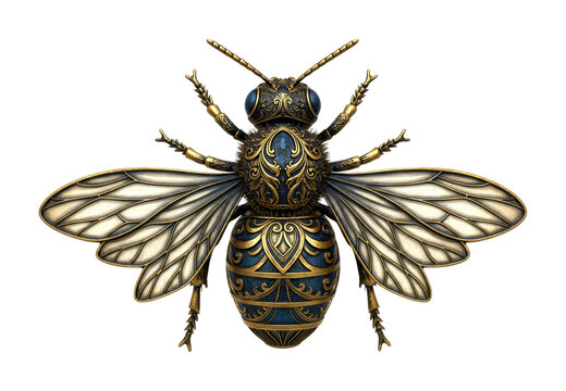 Ornate metallic blue and gold bee with intricate golden patterns and detailed translucent wings is beautifully rendered with a luxurious aesthetic