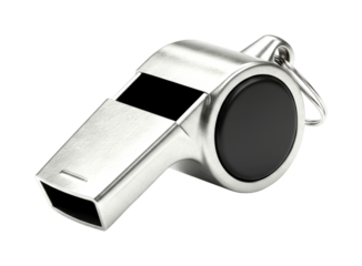 Shiny silver metal referee whistle with a black mouthpiece and a small key ring is rendered with a brushed texture and even lighting from a high-angle perspective