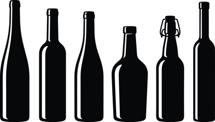 Bottle silhouettes, beverage packaging, drink container shapes, black icons, swing top bottle, branding design, vector illustration, isolated, alcohol, soda