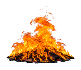 Large vibrant bonfire with bright orange flames intensely burning wooden logs and glowing embers, radiating powerful heat and energy