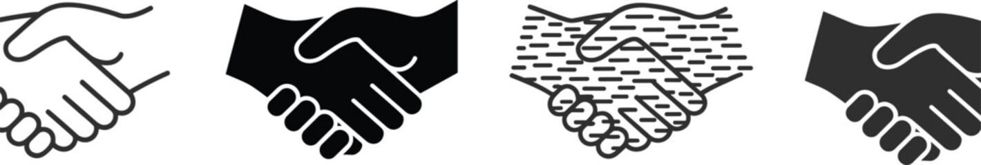 Handshake vector icons set in multiple graphic styles representing agreement, partnership, business deal, cooperation, and professional collaboration concepts.