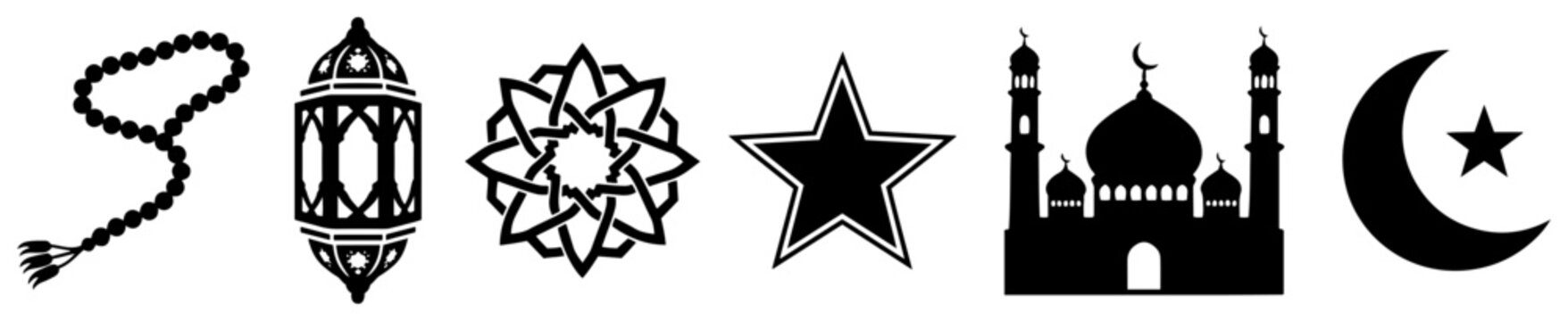 Islamic religion icons set silhouette symbols of Ramadan mosque crescent moon lantern prayer beads and geometric star