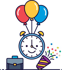 Obraz premium Celebrate break time with a happy clock, balloons, briefcase, and confetti for office fun