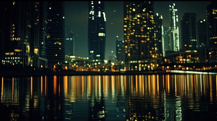 Fototapeta premium Night cityscape reflection, urban waterfront, city lights, calm water, modern architecture, background for travel, design