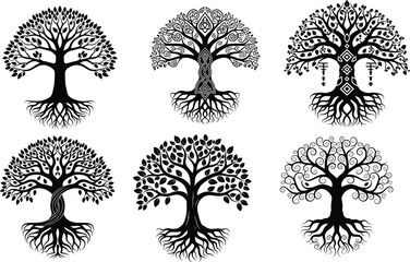 Stylized Tree of Life Vector Set with Ornamental Branches, Symmetrical Roots, Abstract Nature Design, Decorative Botanical Elements, Black and White