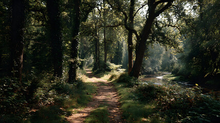 Fototapeta premium The Enchanted Forest Path: Sunlight streams through the trees onto a winding pathway, inviting exploration, while a tranquil river whispers secrets through the depths of the enchanted woodland.