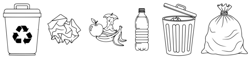 Linear waste and recycling vector icons set featuring trash bin crumpled paper organic food waste plastic bottle and garbage bag