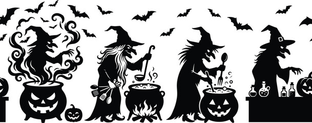Halloween witches brewing potions, spooky cauldrons, magical ingredients, bats flying, jack-o'-lanterns, eerie kitchen, fantasy illustration, enchanted night scene