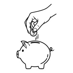 Hand putting coin into piggy bank vector line art illustration for saving money concept