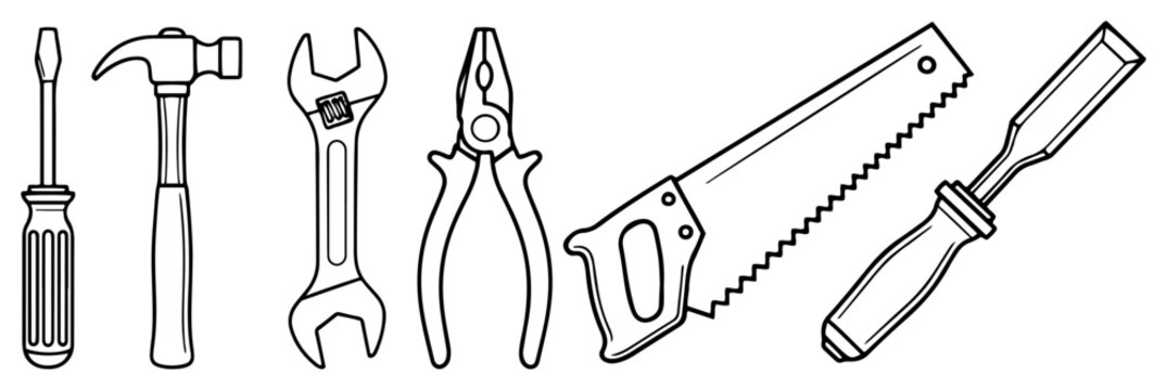 Construction and repair hand tools collection vector line art icon set including hammer screwdriver wrench pliers and saw