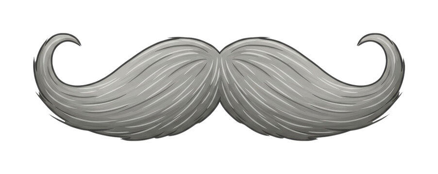 Stylish grey curly handlebar mustache is depicted with a textured, illustrative style, featuring elegant upward-curling ends and subtle shading