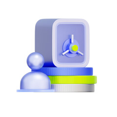 3D icon of a user avatar with a safe and coins For personal business account, freelancer savings, private banking, and individual wealth.
