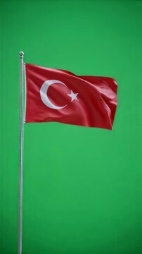 Turkey flag waving on a pole with a vivid green chromakey background, ready for national holiday or Independence Day. Vertical video