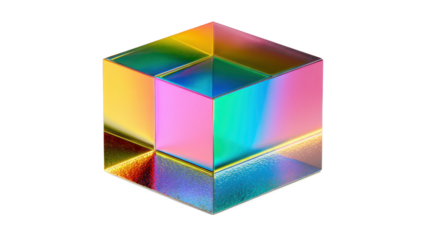 Geometric glass cube displaying vibrant rainbow light refraction and colorful spectrum on transparent background