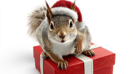 A squirrel wearing a Santa hat is holding a red box