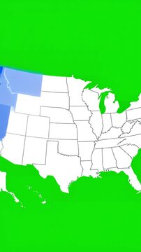 Regional Grouping Animation on USA Map with of united states america showing different animated contiguous lower 48 u s state an isolated chroma key background distortion, green screen overlay