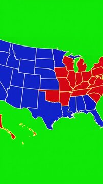 Dynamic Zoom and Pan on Animated US States with map of united america showing different usa contiguous lower 48 u s state an isolated chroma key background distortion, green screen overlay, glitch