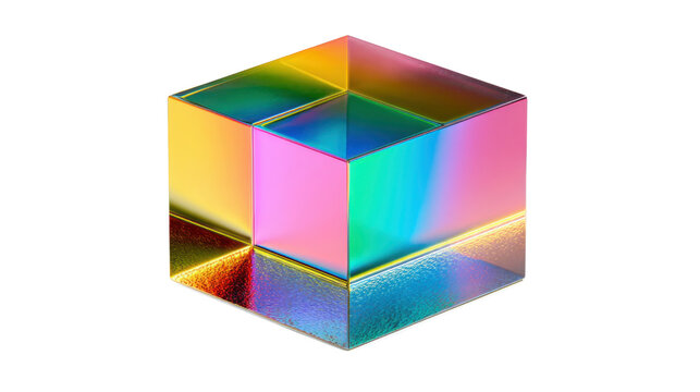 Geometric glass cube displaying vibrant rainbow light refraction and colorful spectrum on transparent background - Powered by Adobe