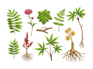 Diverse botanical plants and herbal elements are meticulously illustrated, showcasing various leaves, roots, and flowers with scientific precision