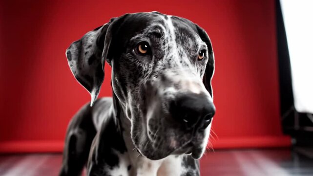 Close-up of a Harlequin Great Dane dog with a striking black and white coat, posing against a vibrant red background in a professional studio setting.