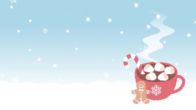 Christmas background with a cup of hot chocolate in falling snow animation