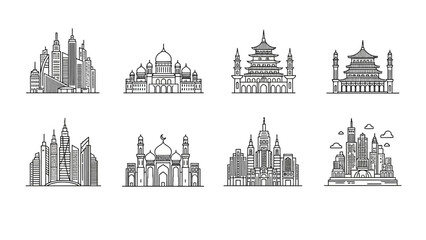 Fototapeta premium Architectural landmarks from around the world in vector line art style depiction