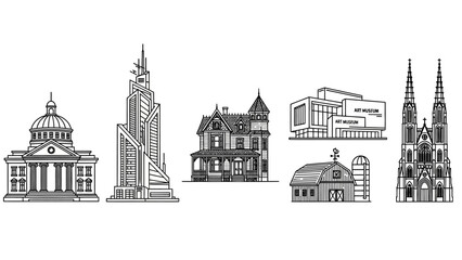 Naklejka premium Architectural diversity outlined: linear depiction of structures ranging from classic to modern