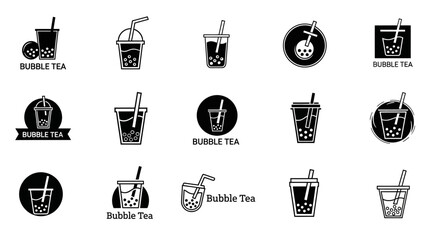 Collection of black and white bubble tea logo designs for branding and menu creation
