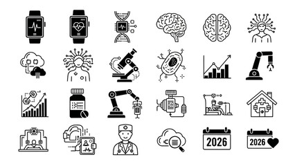 Collection of black and white line art icons representing health, technology and medicine