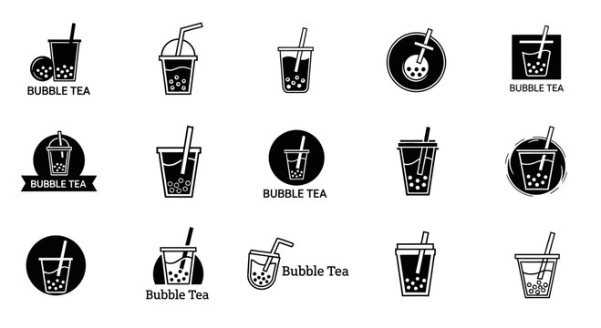 Collection of black and white bubble tea logo designs for branding and menu creation