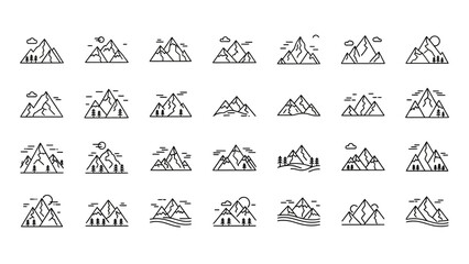 Fototapeta premium Collection of minimalist mountain landscape line art icons for outdoor adventure designs