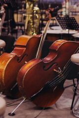 Fototapeta premium Concert view of contrabass violoncello player with vocalist and musical band during string concert, jazz orchestra performing music, violoncellist cello jazz player on stage in club, music arena hall