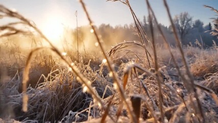 Close-up of frosted grass and reeds sparkling in the warm glow of a winter sunrise over a field. - Powered by Adobe
