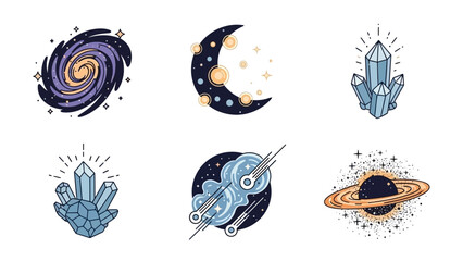 Collection of mystic and celestial vector illustrations featuring space elements and gemstones