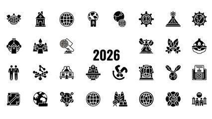 Collection of various black and white icons and symbols representing diverse concepts