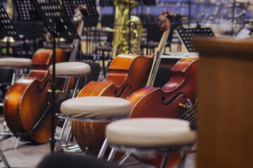 Concert view of contrabass violoncello player with vocalist and musical band during string concert, jazz orchestra performing music, violoncellist cello jazz player on stage in club, music arena hall