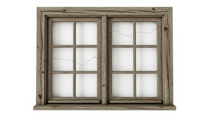 Old weathered window with multi pane glass on a white background