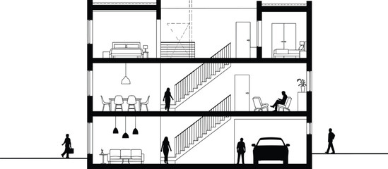 modern residential architecture, cross section drawing, interior layout, three story house, furniture design, staircase detail, human scale, blueprint visualization