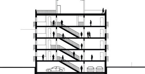 modern architecture, building cross-section, multi-story design, urban living, residential layout, parking garage, staircase access, human scale, construction planning, city housing
