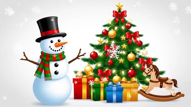 cartoon vector style Snowman And Christmas Tree  animated video  Loop on white Background