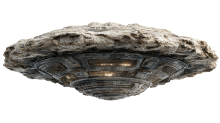 Unidentified flying object blending with natural rock formations, alien spacecraft with advanced technology hovering