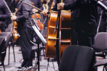 Concert view of contrabass violoncello player with vocalist and musical band during string concert, jazz orchestra performing music, violoncellist cello jazz player on stage in club, music arena hall