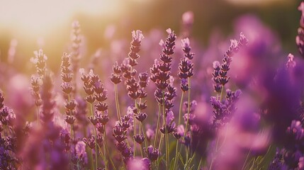 Obraz premium Sunset Lavender Field, Purple Flowers, Summer Romance, Background Blur, Relaxation